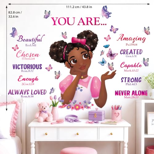 DECOWALL Black Girl Bible Verse Butterfly Wall Stickers Decals (SG2-2315) | Peel and stick, removable African American girl decor with affirmations, flowers and faith quotes for kids bedroom or nursery