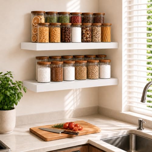 RICHER HOUSE 12" Deep Floating Shelves, 24x12 Inch Long White Wall Shelf | Rustic Wood Wall Mounted Shelves, Wide Bookshelf with Invisible Bracket, Wall Decor Bathroom Bedroom Living Room Kitchen - color: White, size: 24in