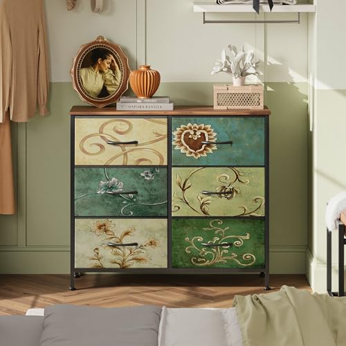WLIVE Dresser for Bedroom with 6 Drawers, Floral Painted | Closet Dresser, Metal Frame, Wooden Top, Fabric Dresser for Closet, Living Room, Hallway - color: Floral Painted
