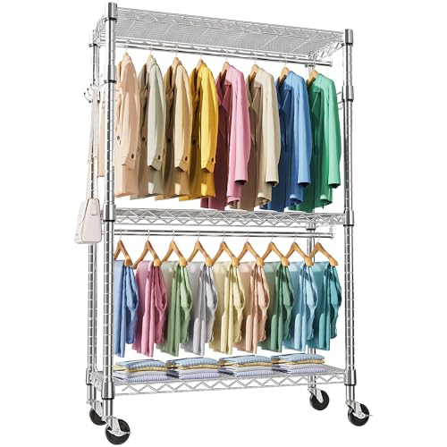 M MZG Heavy Duty Rolling Garment Rack 3 Tiers Adjustable Wire Shelving Clothes Rack with 2 Rods and Side Hooks, Storage Closet Clothing Rack with Wheels Chrome 17.7" D x 47.2" W x 83.6" H - color: Chrome, size: 3 Tiers with 2 rods, 17.7"D x 47.2"W x 83.6"