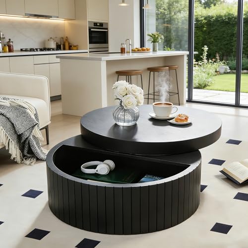 31.5” Modern Round Coffee Table, Circular Wood Center Table with Storage, MDF Accent Dinning Table for Living Room, Apartment,Office,Courtyard, No Assembly.(Black) - color: Black-e