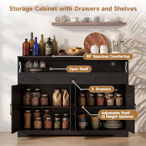 Lahomie 55" Sideboard Buffet Storage Cabinet, Coffee Bar Cabinet,Dark Brown | Coffee Bar Station with Power Outlet, Farmhouse Sideboard with 3 Drawers Adjustable Shelves Open Shelf, Kitchen, Living Room - color: Dark Brown, size: 55"W