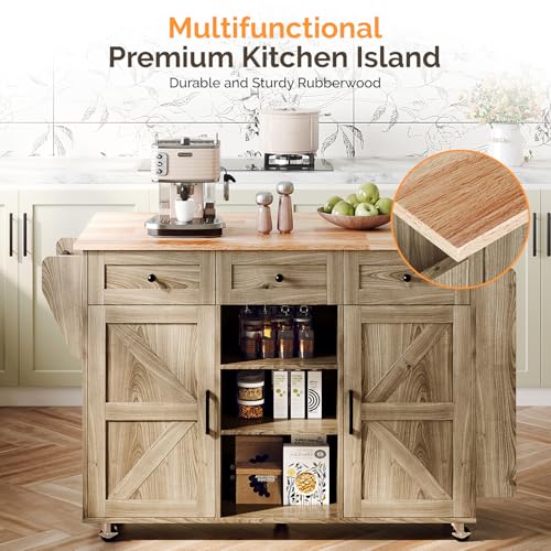 VINGLI Kitchen Island with Storage, 52" Rolling Kitchen Cart with 3 Drawers & Shelves, Drop Leaf Design, Mobile Island with Barn Doors, Towel & Spice Rack for Kitchen & Dining, Grey Brown Oak - color: Grey Brown 2-box