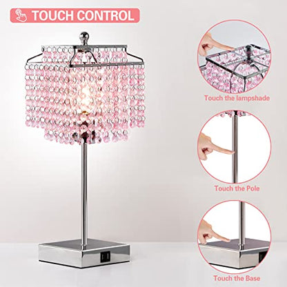Luvkczc Crystal Touch Table Lamp, Bedside Lamp with USB C+A Ports, Pink Lamp, Dimmable Lamp with Crystal Shade, Nightstand Lamp for Girl Bedroom, Living Room, Bulb Included - color: Pink