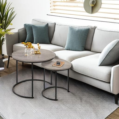 Yaheetech Round Nesting Coffee & Side Table Set of 2 for Living Room, Gray | Space-Saving Nesting Design, Engineered Wood Tops on Black Metal Frames, Use Apart as End Tables, Easy Assembly, 99 lb Max - color: Grey
