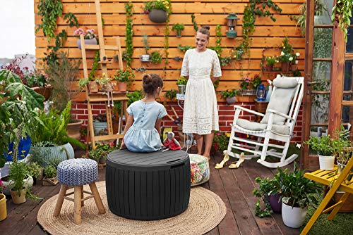Keter Circa 37 Gallon Wood Panel Style Round Outdoor Deck Box and Storage Table, Grey - color: Grey