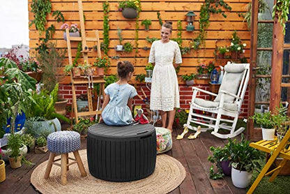 Keter Circa 37 Gallon Wood Panel Style Round Outdoor Deck Box and Storage Table, Grey - color: Grey