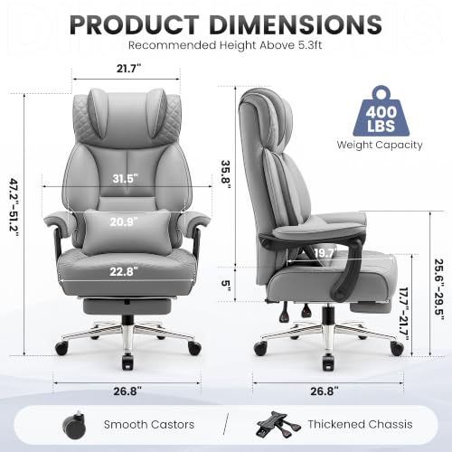 BestGlory Office Desk Chair, Big and Tall Leather Gaming Chair with Footrest, Ergonomic Comfy Executive High-Back Reclining Computer Chairs, Wide Swivel Rolling Wheels and Padded Lumbar Support, Gray - color: Grey, style: Freely Reclining