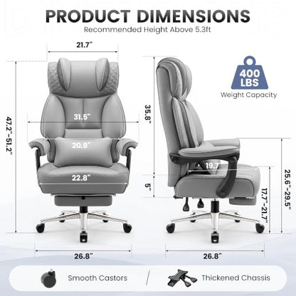 BestGlory Office Desk Chair, Big and Tall Leather Gaming Chair with Footrest, Ergonomic Comfy Executive High-Back Reclining Computer Chairs, Wide Swivel Rolling Wheels and Padded Lumbar Support, Gray - color: Grey, style: Freely Reclining