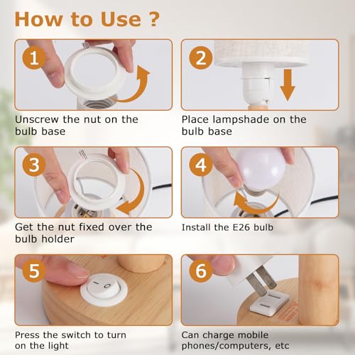Small Bedside Table Lamp with AC Outlet, Natural Wood Base & Linen Shade, Mini Cute Cozy Warm White Nightstand Boho Lamp, Study Desk Night Stand Light for Bedroom, Kitchen, Nursery, Living Room - size: Round - AC Outlet - Set of 1