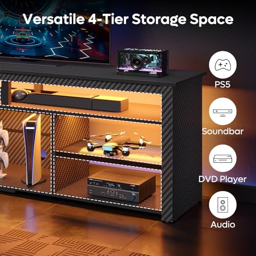 Bestier Modern LED TV Stand, 75" Gaming Media Console, Carbon Fiber Black - color: Black Carbon Fiber, size: 70 inch