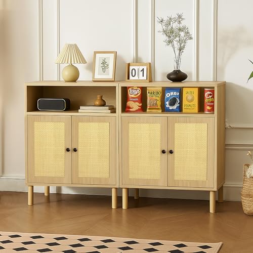 Boho Accent Cabinet with Rattan Doors, Small Sideboard Buffet, Oak | Small Sideboard Buffet Cabinet for Entryway, Living Room, Kitchen Coffee Bar - color: Oak