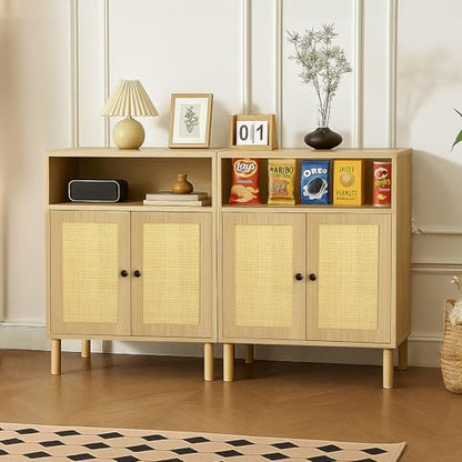 Boho Accent Cabinet with Rattan Doors, Small Sideboard Buffet, Oak | Small Sideboard Buffet Cabinet for Entryway, Living Room, Kitchen Coffee Bar - color: Oak
