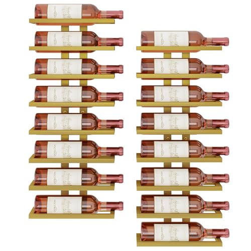 Hoctieon 2-Set 8 Tier Wall Mount Wine Rack (16 Tiers), Wall Racks for Wine Bottles Display and Storage, Hanging Bottle Organizer for Living Room, Kitchen, Wine Cellar, Bar, Gold - color: Gold, size: 2 Pack (16 Bottles)