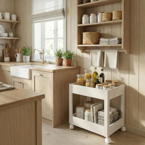 Wooden Rolling Storage Cart 2-Tier Mobile Organizer Small Spaces | Rolling Wooden Utility Cart for Home Bathroom Kitchen Coffee Station Bedroom Office Storage Solution（White）