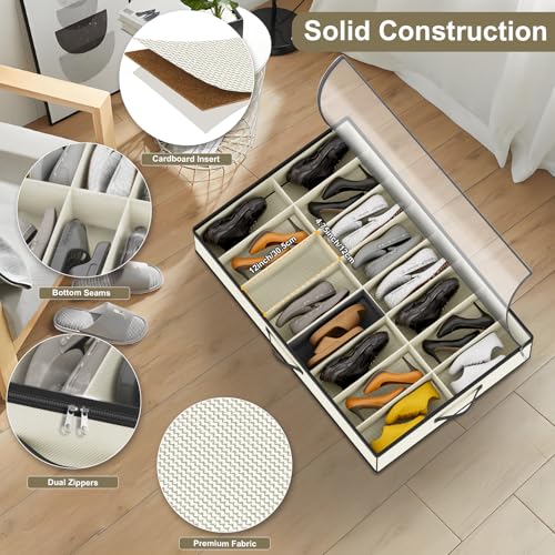 32 Pairs Shoe Organizer Under Bed, Sturdy Underbed Shoe Storage Boxes Bins, Organizador De Zapatos, Extra Large Zapateras Organizer, Beige, Set of 2 - color: 2 Shoes (16+16 Cells) Oxford Beige, style: 32 Pairs Shoes