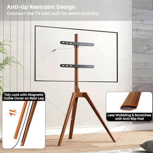 PUTORSEN Solid Wood Easel TV Stand for 45-65'' TVs, Hidden Cable, Walnut | Stability, Easy to Assemble, Top Shelf, Swivel, Tripod TV Stand, Max VESA 400x400, Max holds 88lbs, Living room, Corner