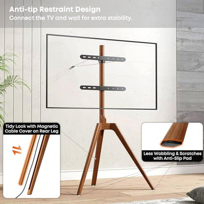PUTORSEN Solid Wood Easel TV Stand for 45-65'' TVs, Hidden Cable, Walnut | Stability, Easy to Assemble, Top Shelf, Swivel, Tripod TV Stand, Max VESA 400x400, Max holds 88lbs, Living room, Corner