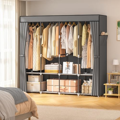 Neatrays Portable Closet, 66 Inch Large Capacity Wardrobe for Closet Organizers and Storage with Non-Woven Fabric Cover, 4 Hanging Rods, 8 Shelves(Grey)