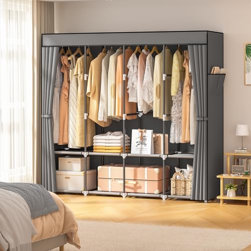 Neatrays Portable Closet, 66 Inch Large Capacity Wardrobe for Closet Organizers and Storage with Non-Woven Fabric Cover, 4 Hanging Rods, 8 Shelves(Grey)