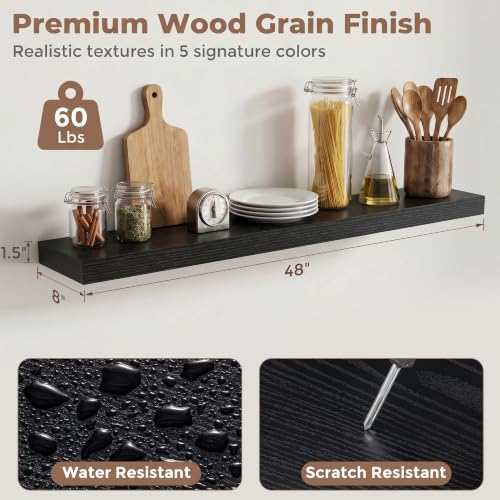 8 inch Deep Floating Shelves for Wall, 48" Wide, Black Finish, 2-Pack | Engineered Wood Wall Shelves with Invisible Brackets for Living Room, Bedroom, Bathroom, Office & Kitchen Storage - color: Black Finish, size: 48"W x 8"D, 2p