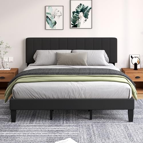 King Size Bed Frame with Velvet Upholstered Platform Bed and Wooden Slats Support, Adjustable Height Headboard/No Box Spring Needed/Easy Assembly/Mattress Foundation, Black - color: Velvet-black, size: King (U.S. Standard)