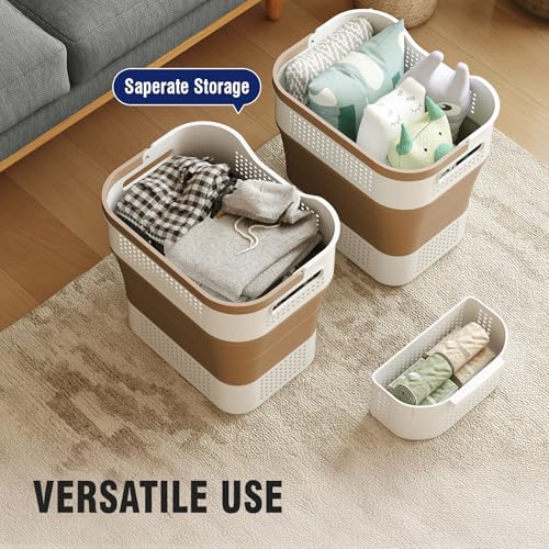 TECHMILLY Collapsible Plastic Laundry Basket Hamper with Handles, 35L Portable Rubber Clothes Basket, Pop Up Storage Container/Organizer with Hanging basket for Washing & Storage, Brown - color: Brown, size: 35L