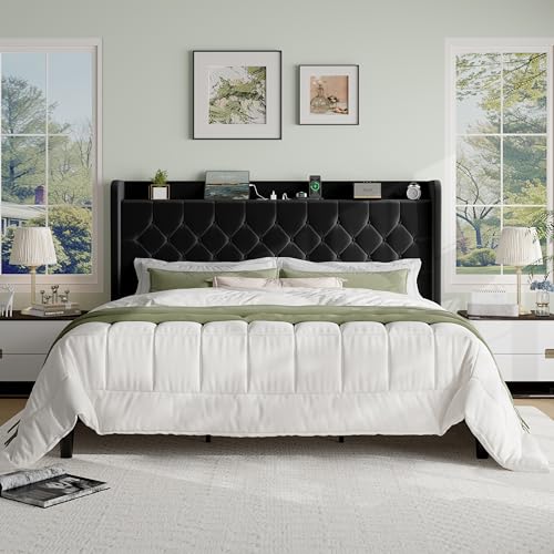 SHA CERLIN King Size Platform Bed Frame with Charging Station, Velvet Wingback Headboard with Storage Shelf, Wooden Slats Support, Ample Under-Bed Space, No Box Spring Needed, Easy Assembly, Black - color: Black, size: King