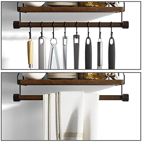Alsonerbay Floating Shelf Coffee Bar Shelf with Towel Bar, Dark Brown | 8 removable hooks, solid wood, space-saving, holds cooking utensils & mugs, easy installation, kitchen & bathroom use - color: Dark Brown