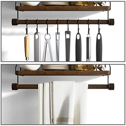 Alsonerbay Floating Shelf Coffee Bar Shelf with Towel Bar, Dark Brown | 8 removable hooks, solid wood, space-saving, holds cooking utensils & mugs, easy installation, kitchen & bathroom use - color: Dark Brown