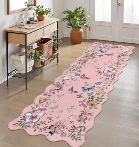 Washable Butterfly Scalloped Runner Rug, 2x6 Pink Rug Runners for Hallways Soft Non-Slip Ultra Thin Long Kitchen Mat, Boho Floral Throw Carpet for Bathroom Laundry Entryway - color: Pink Butterfly, size: 2' x 6'