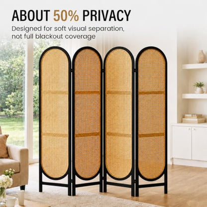 4 Panel Room Divider, Hand-Woven Rattan Room Divider Screen, Folding Privacy Screens with Double Hinges, Wooden Freestanding Wall Divider for Room Separation Bedroom Home Office - Black - color: 4 Panels Black, size: 4 Panels