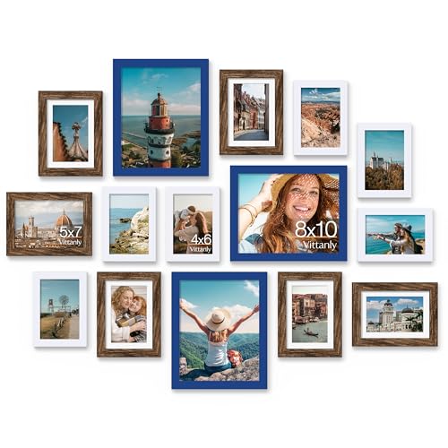Vittanly 15 Pack Gallery Wall Frame Set, Blue, Brown, White | Picture Frames Collage Wall Decor: 3pcs 8x10, 6pcs 5x7, 6pcs 4x6. Picture Frame Set for Wall or Tabletop Display - color: Blue & Brown & White