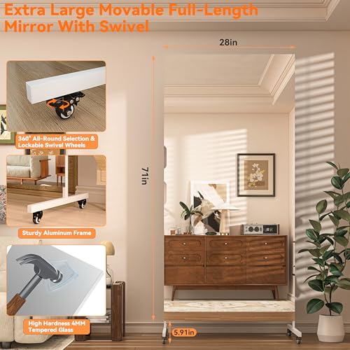 Hasipu 71" x 28" Large Full Length Rolling Mirror with Wheels, White | Tempered glass, sturdy metal frame, smooth rolling casters, removable stand, ideal for gym, bedroom, dance studio - size: 71"L x 28"W