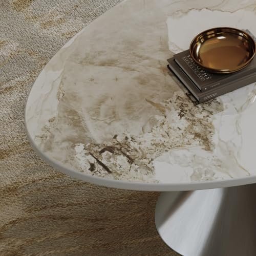 49.2" Oval Marble Coffee Table with Silver Stainless Steel Base, Luxury Sintered Stone Top Center Cocktail Tea Tables for Living Room,Easy Assembly - color: Style 4: Silver Base