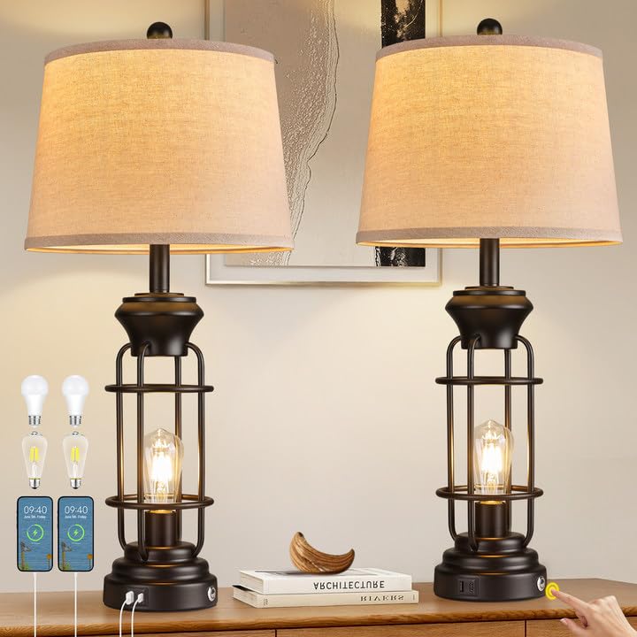 Reaketon Table Lamp Set of 2 with USB Ports, 28" Tall Farmhouse Table Lamp with 2 Nightlight Bulbs,Touch Control Table Lamps for Bedroom, Rustic Bedside Lamp for End Tables,Bulbs Included,Black - color: Black