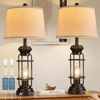 Reaketon Table Lamp Set of 2 with USB Ports, 28" Tall Farmhouse Table Lamp with 2 Nightlight Bulbs,Touch Control Table Lamps for Bedroom, Rustic Bedside Lamp for End Tables,Bulbs Included,Black - color: Black