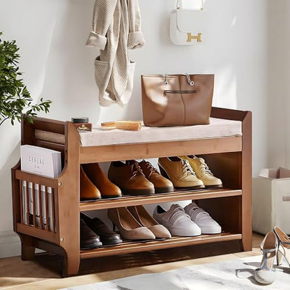 PETKABOO Shoe Bench with Hidden Drawer and Side Holder, 2 Tier Entryway Bench with Storage 31.5 in, Bamboo Shoe Rack with Cushion for Entryway Hallway Living Room Bedroom - size: 31.5"