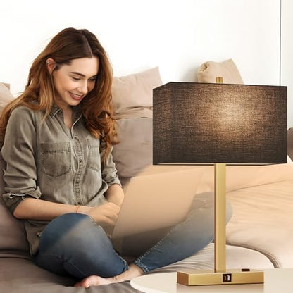 Lynnoland 21" Set of 2 Bedside lamp with USB A+C & AC Outlets, Touch Control 3-Way Dimmable Nightstand Lamps for Bedroom Living Room Office Reading, Black Shade Touch Lamps, 3000K LED Bulbs Included - color: (2 Pack)Black Line & Gold (Base)-2700K Bulbs In