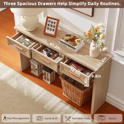 RWYHG 47" Entryway Table with 3 Drawers, Modern Wood Console Table, Natural | Layered Drawer Front Design , Open Bottom Storage, Farmhouse Behind Couch Table, Entry Table for Living Room Hallway& Foyer - color: Natural