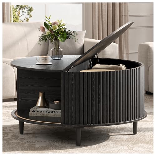 JOINICE 31.5" Round Coffee Table with Storage for Living Room, Black | Hidden Storage,Fluted Sliding Door,Modern Center Table for Small Apartments,Solid Wood Legs,Easy Assembly,Up to 110 lbs - color: Black_round