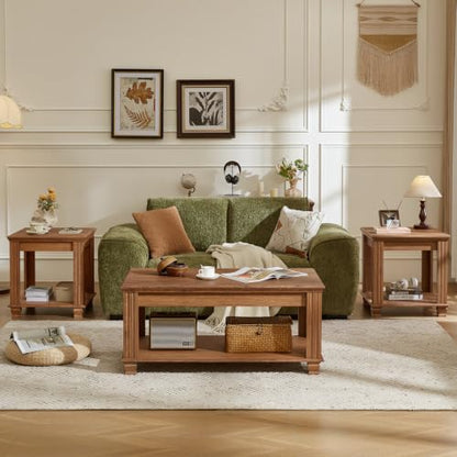 Farmhouse Coffee Table Set of 3, Brown | Rustic Wood 3 Piece Coffee and End Table Sets with Open Shelf for Living Room - color: Brown