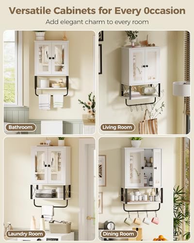 BEWISHOME Bathroom Medicine Cabinet Mirror with Towel Bar | Wall Cabinet with Adjustable Shelf Hooks, Space-Saving Over-Toilet, 7.1 x 15.4 x 24.4 Inches, White - color: White