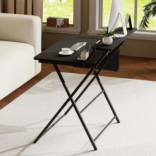 Small Desk No Assembly,31.5Inch 2-Tier Compact Computer Desk with Shelf & Side Pocket,Space Saving Foldable Table for Home Office, Bedroom or Apartment,Portable Collapsible Sturdy Laptop Desk,Black - color: Black