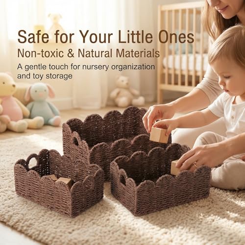 Scalloped Wicker Basket Set of 3, Hand-Woven Storage with Handles | set of 3 brown scalloped baskets with handles. Hand-woven paper rope for shelves, bathroom or closet. Stackable, sturdy. - color: Brown