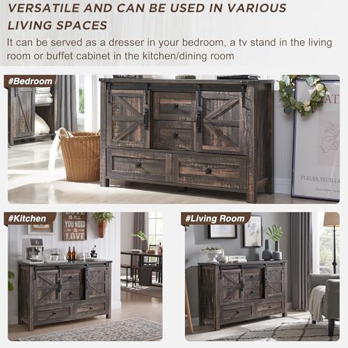 T4TREAM 48" Wide Farmhouse Sideboard Buffet Cabinet, Dark Rustic Oak | 31.2" Tall Kitchen Cabinet with Storage, 2 Sliding Barn Doors, 4 Drawers, Rustic Wood, Coffee Bar Table, Dining Room - color: Dark Rustic Oak