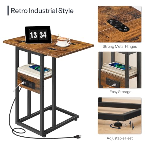 HOOBRO Foldable End Table, C Shaped Side Table with Charging Station, Sofa Couch Table that Slide Under for Living Room Bedroom Small Spaces, Easy Assembly, Rustic Brown and Black BF29USF01