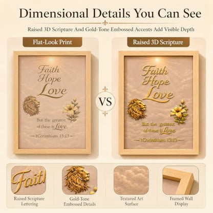 Framed Christian Wall Art Set of 3, 12x16 Bible Verse Wall Decor | Raised 3D Scripture With Gold-Tone Embossed Details, Psalm 23 Faith Hope Love Religious Wall Art For Living Room Prayer Room