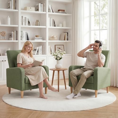 COLAMY Mid-Century Modern Accent Chair, Fabric Upholstered Living Room Chair with Back Pillow & Solid Wood Legs, Comfy Armchair for Living Room, Bedroom, Single Sofa, Green - color: Green, size: Set of 1