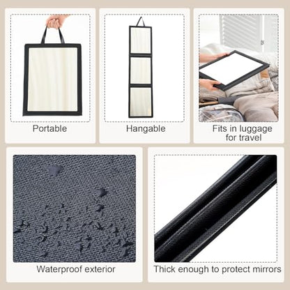 Novabright 3-Panel Over The Door Full Length Mirror, Foldable Hanging Acrylic Body/Makeup Mirror with Height Adjustable Hook for Bedroom Closet Bathroom, Dance Travel Camping (Black)